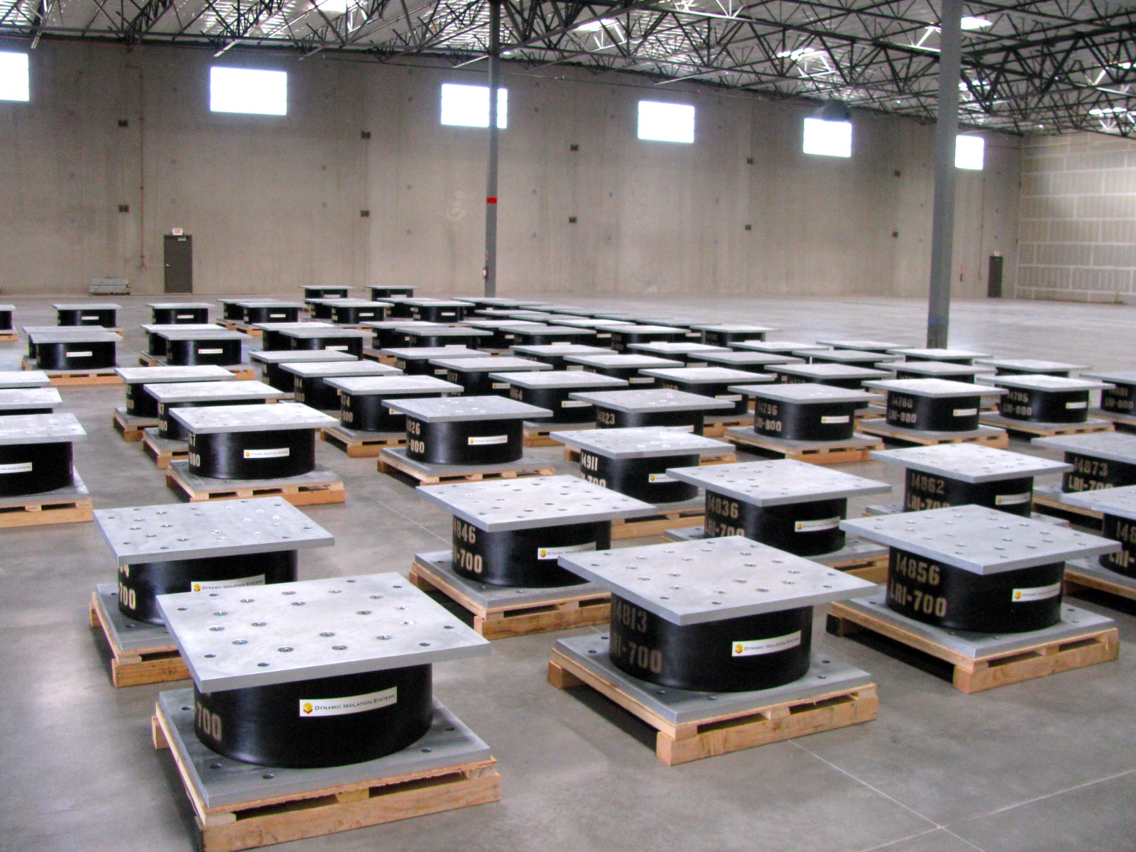 Finished isolators staged in the Reno plant before shipping